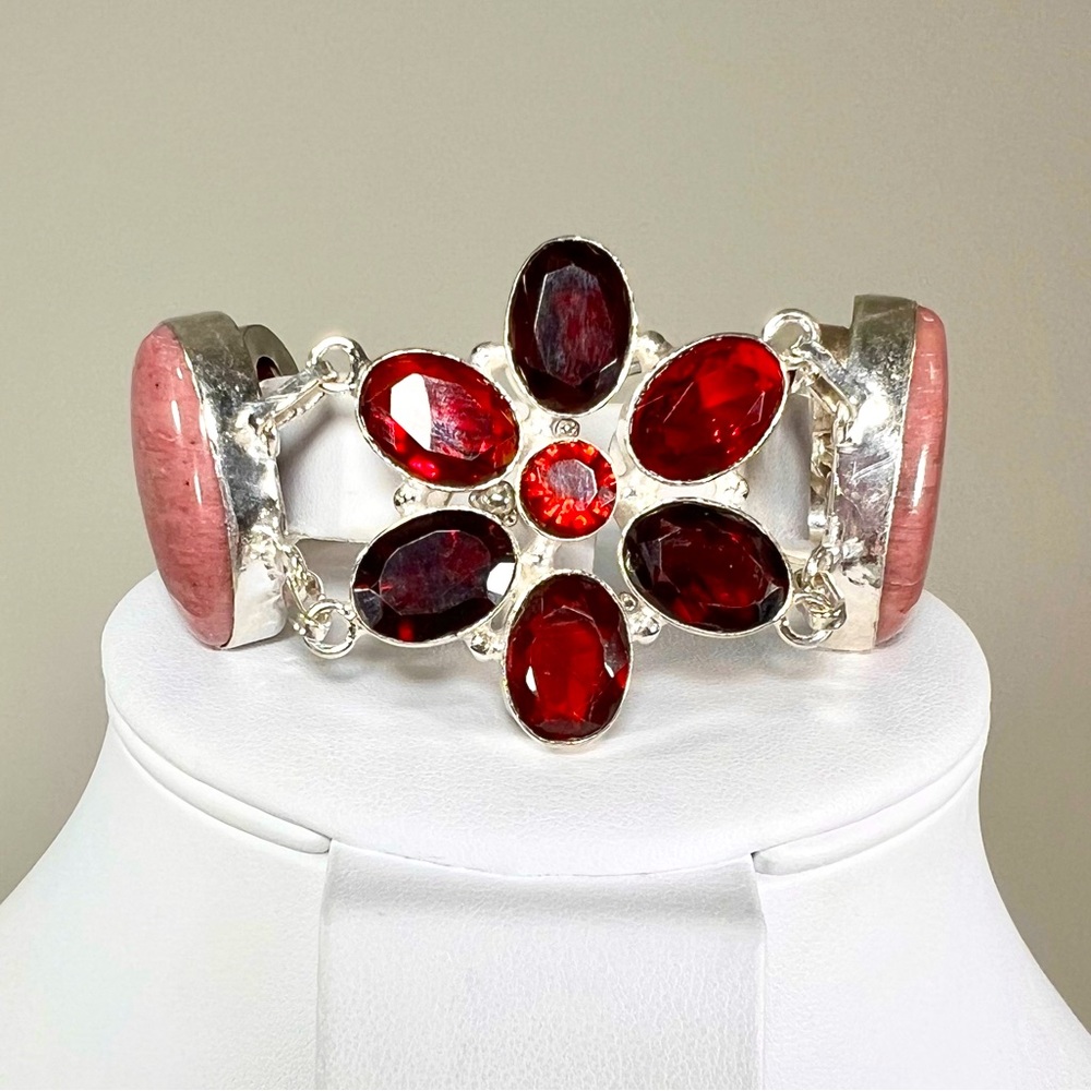 Mookaite & Garnet 925 🌸 Flower Design Large Gemstone Bracelet